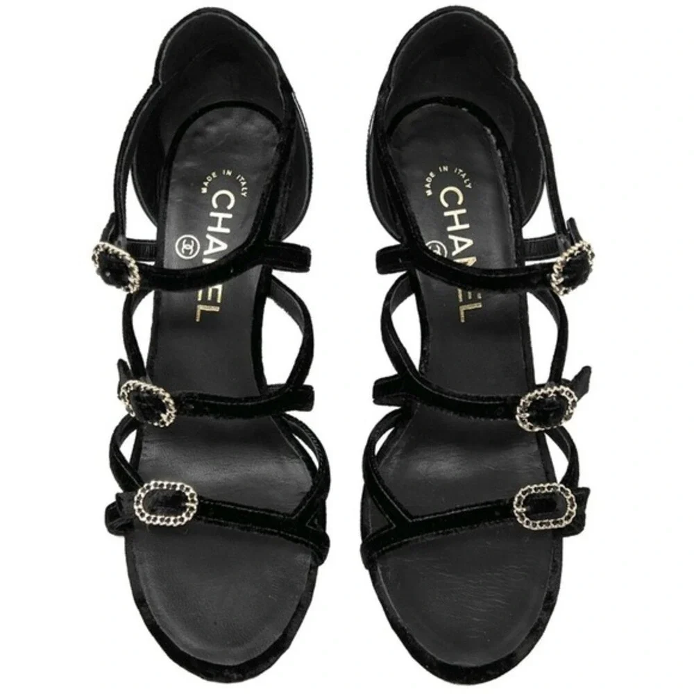 Chanel Black Velvet Patent Leather Strappy‎ Heels CC Logo 37